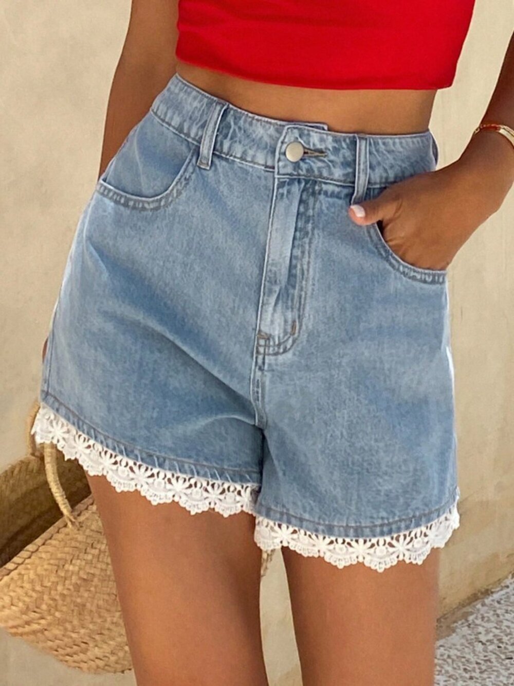 Blue Casual Festival Women's Denim Shorts with Lace details